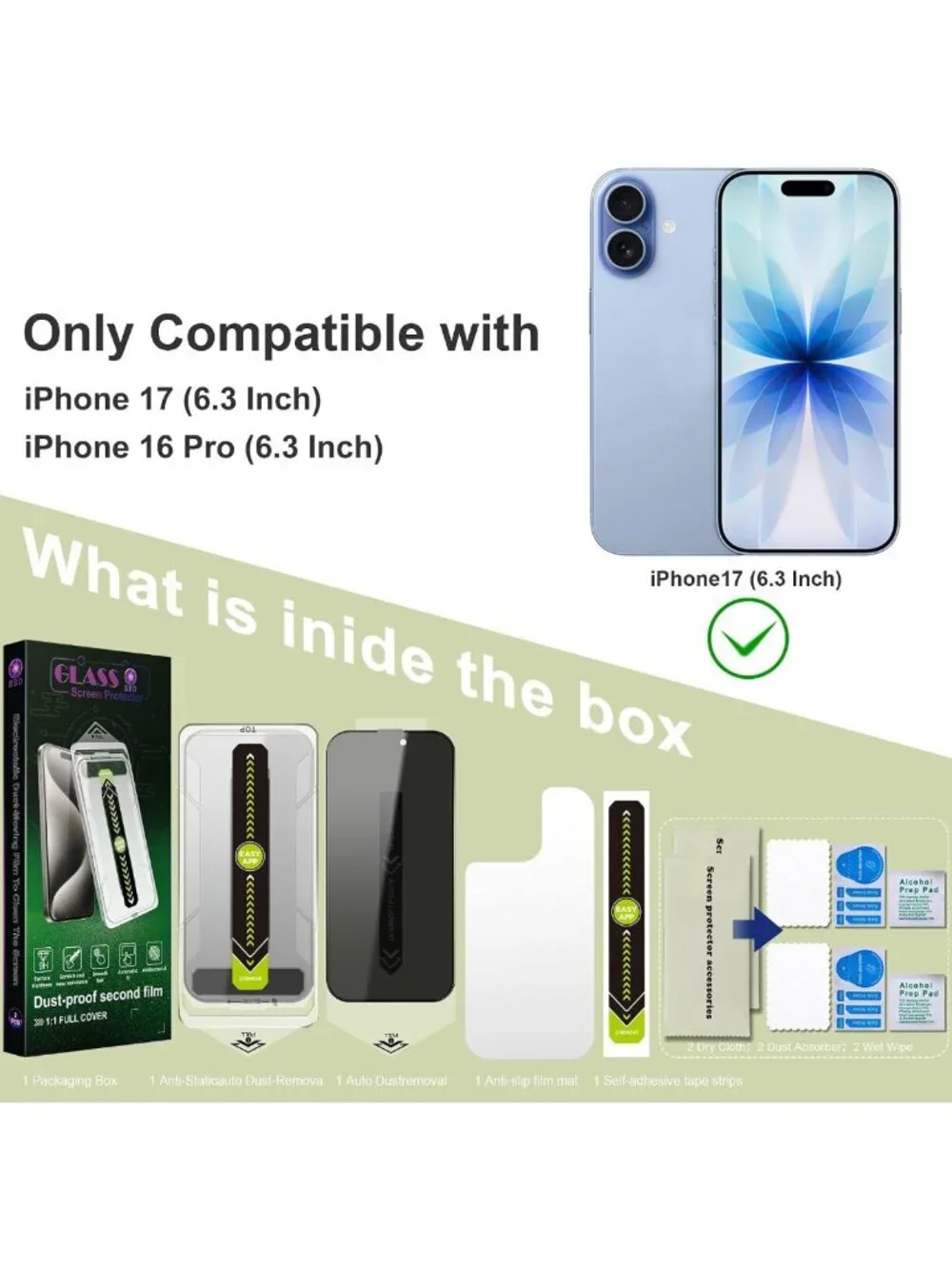 2-Pack Privacy Screen Protector for iPhone 17/16 Pro, 9H Tempered Glass